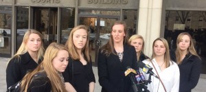 The seven women who gave victim impact statements in court speak to reporters outside of the Baltimore County Circuit Court. 