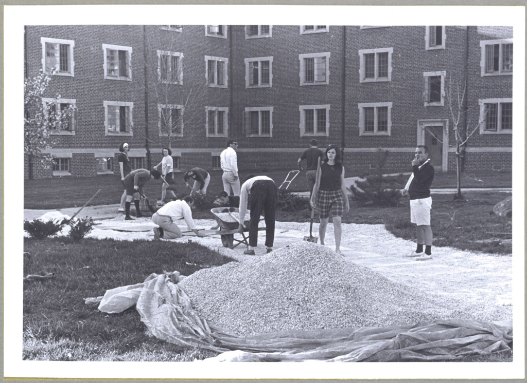Students from the Class of 1967 build a rock garden outside Prettyman and Scarborough halls. Courtesy of TU's Cook Library Digital Archives.