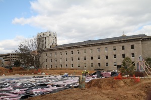 Patriot Plaza, located between the Baltimore County circuit court and historic courthouse buildings, is under construction. (Marcus Dieterle/ The Towerlight)